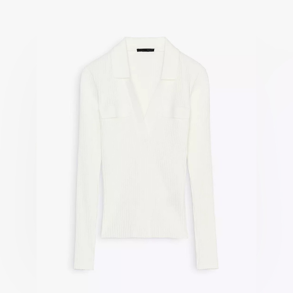 Zara Long Sleeve White Ribbed Polo Deep V-Neck Collared Collar Shirt Top Size M